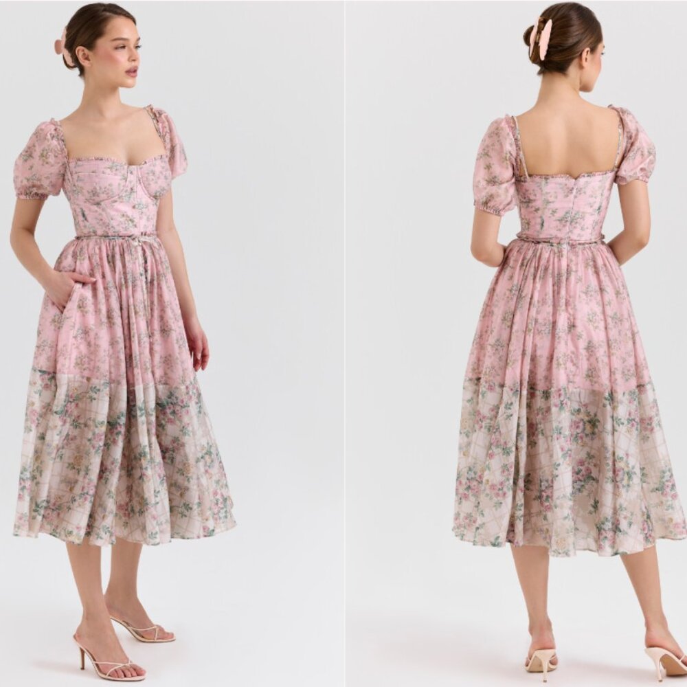 HOUSE OF CB 'Penelope' Pink Floral Chiffon Midi Dress NWOT - Picture 2 of 7